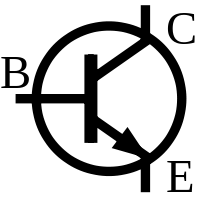 Symbool van een NPN-transistor, met de pijl van de basis af wijzend